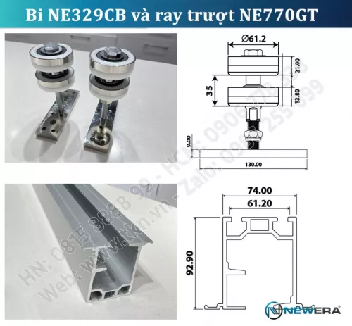 Bi trượt cửa gấp NewEra cánh lẻ tải trọng 150kg/cánh NE329CB-2