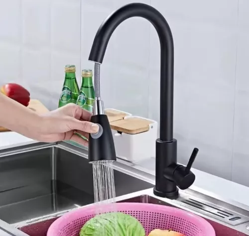 Vòi chậu rửa bát NewEra dây rút inox 304 màu đen NE99K64B
