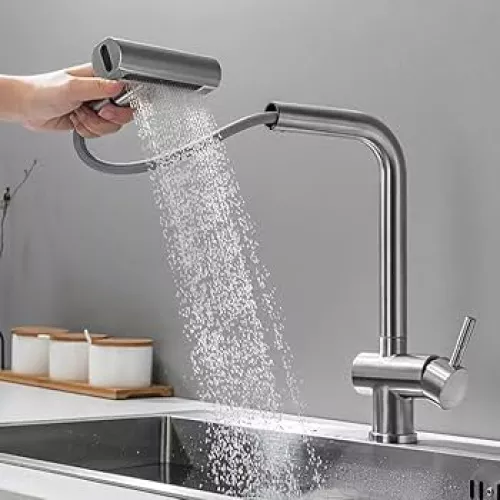 Vòi chậu rửa bát NewEra chất liệu đồng, đánh bóng inox mờ, 2 đường nóng lạnh NE99K32N