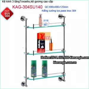 Kệ kiếng 3 tầng inox sus304  cao cấp Tovashu  KAG-304SU140