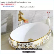 Lavabo oval bằng sứ sơn hoa văn nhũ vàng KAG-NA880V1