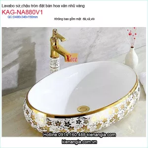 Lavabo oval bằng sứ sơn hoa văn nhũ vàng KAG-NA880V1