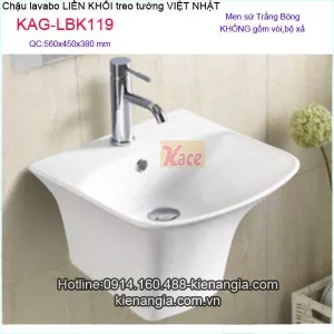 Lavabo liền khối VIỆT NHẬT bằng sứ treo tường KAG-LBK119