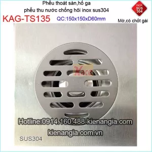 Thoát sàn inox 304 mờ 150x150 d60 chốt gài KAG-TS135