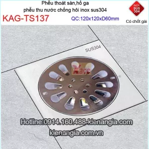 Thoát sàn inox 304 mờ 120x120 d60 chốt gài KAG-TS137