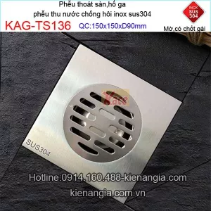 Thoát sàn inox 304 mờ 150x150 d90 chốt gài KAG-TS136