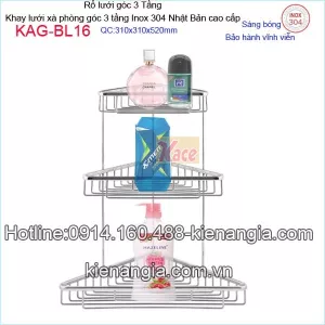 Khay lưới xà phòng góc 3 tầng giật cấp 310x310 mm cao 520mm Inox Nhật Bản KAG-BL16
