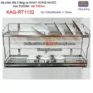 Kệ ráo chén dĩa có khay hứng nước inox sus304 2 tầng dài 7 tấc KAG-RT1132