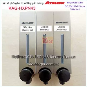 Hộp xà phòng  3 ngăn 250ml x3 nhấn tay màu xám ATMOR KAG-HXPN43