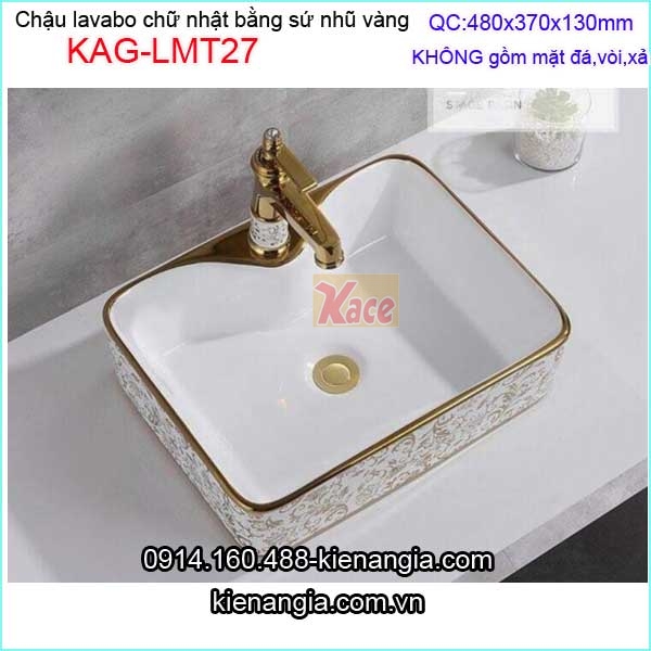 Chậu lavabo sứ chữ nhật hoa văn nhũ vàng KAG-LMT27