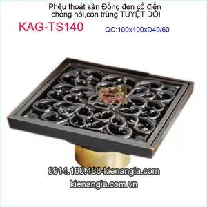 Phễu thoát sàn đồng đen cổ điển 100x100xD49-60 KAG-TS140
