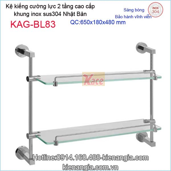 Kệ kiếng 2 tầng cường lực khung  inox sus304 sáng bóng VIỆT NHẬT  KAG-BL83