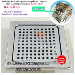 Phễu thoát sàn ca rô inox 304 150x150 D60 KAG-TS92