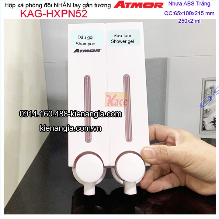 Hộp xà phòng  2 ngăn nhấn tay màu trắng ATMOR 250mlx2 KAG-HXPN52
