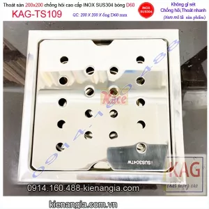 Thoát sàn vuông  cao cấp inox sus304 bóng 200X200xD60 KAG-TS109