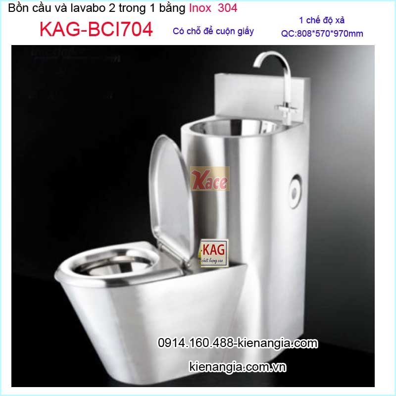 Bồn cầu kết hợp lavabo 2 trong 1 bằng INOX 304 KAG-BCI704 bồn cầu + chậu rửa tay