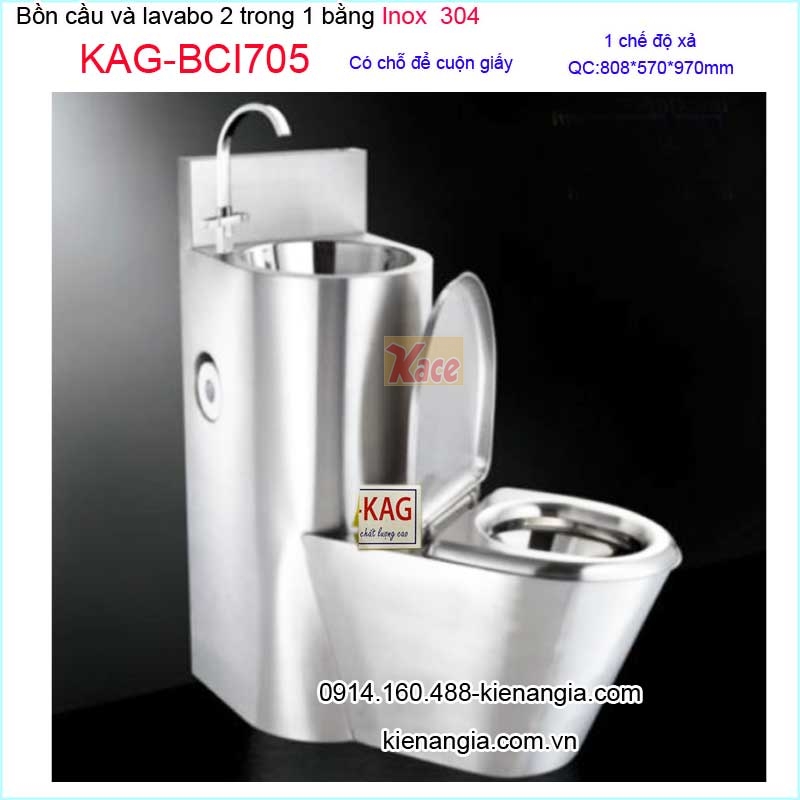Bồn cầu lavabo 2 trong 1 bằng INOX 304  KAG-BCI705 bồn cầu + chậu rửa tay