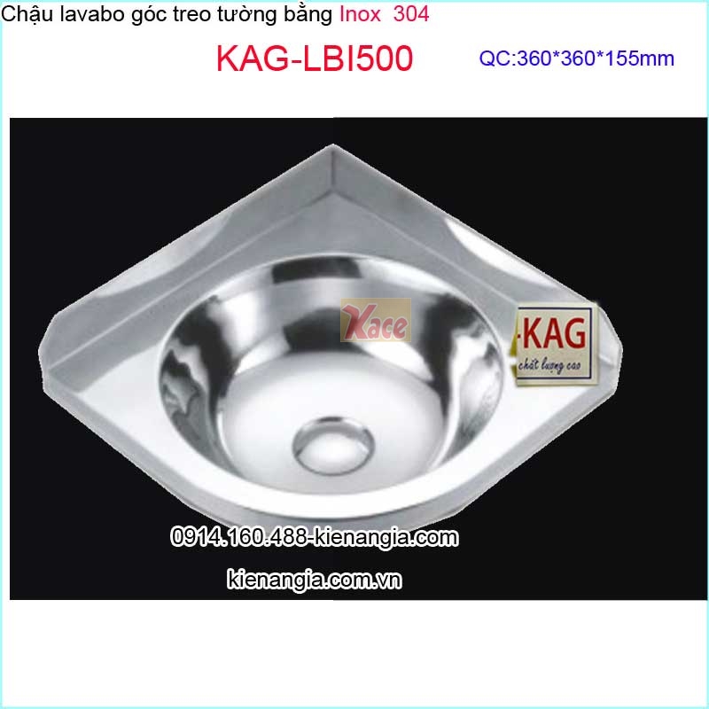 Chậu lavabo góc treo tường bằng inox 304 KAG-KAG-LBI500