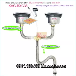 Bộ xả chậu rửa chén inox mềm 2 hộc lớn D140 KAG-BXC36