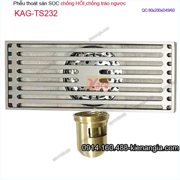 Thoát sàn sọc dài 8x20cm ống D49/60 inox KAG-TS232