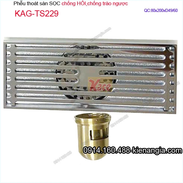 Thoát sàn sọc dài 8x20cm ống D49/60 inox KAG-TS229