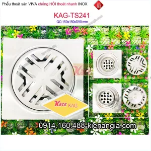 Phễu thoát sàn Viva chống hôi inox 304  phòng tắm 150x150xD90 KAG-TS241
