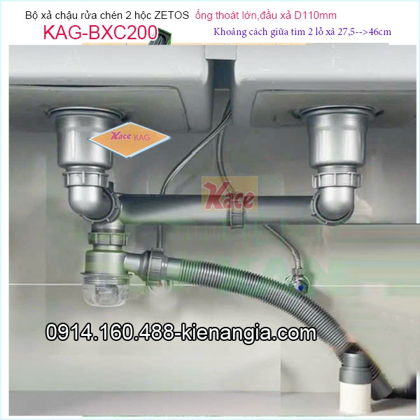 Bộ xả chậu 2 hộc ZETOS đầu nhựa đúc,ống thoát lớn D58mm KAG-BXC200
