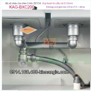 Bộ xả chậu 2 hộc ZETOS đầu nhựa đúc,ống thoát lớn D58mm KAG-BXC200