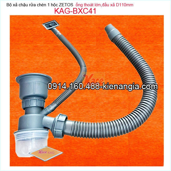Bộ xả chậu 1 hộc ZETOS đầu nhựa đúc,ống thoát lớn D58mm KAG-BXC41