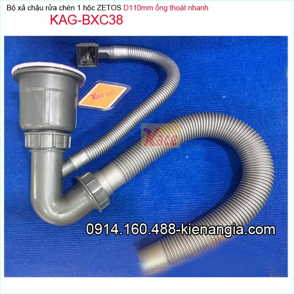 Bộ xả chậu 1 hộc ZETOS đầu nhựa đúc,ống thoát lớn D58mm KAG-BXC38