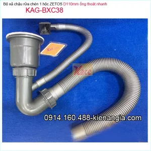 Bộ xả chậu 1 hộc ZETOS đầu nhựa đúc,ống thoát lớn D58mm KAG-BXC38