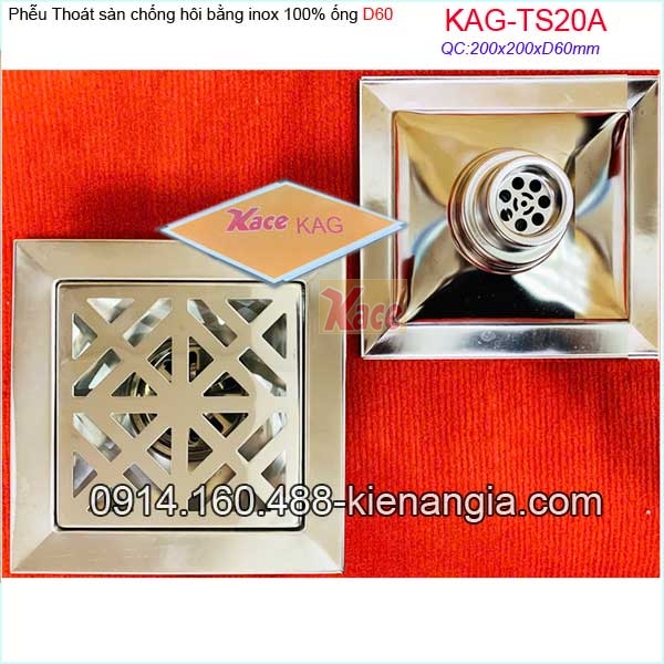 Thoát sàn chống hôi inox 100% 20x20xD60mm KAG-TS20A