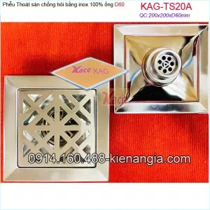Thoát sàn chống hôi inox 100% 20x20xD60mm KAG-TS20A