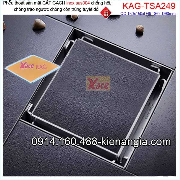 Thoát sàn ÂM inox sus304 mặt CẮT GẠCH chống côn trùng tuyệt đối 150x150xD496090-KAG-TS249