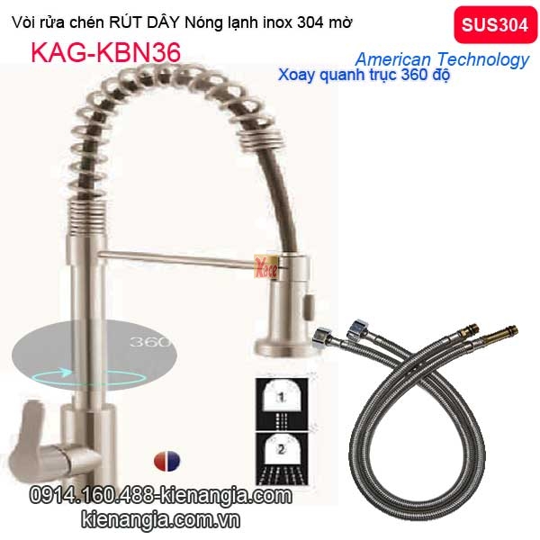Vòi rửa chén nóng lạnh Rút dây inox sus304 KAG-KBN36