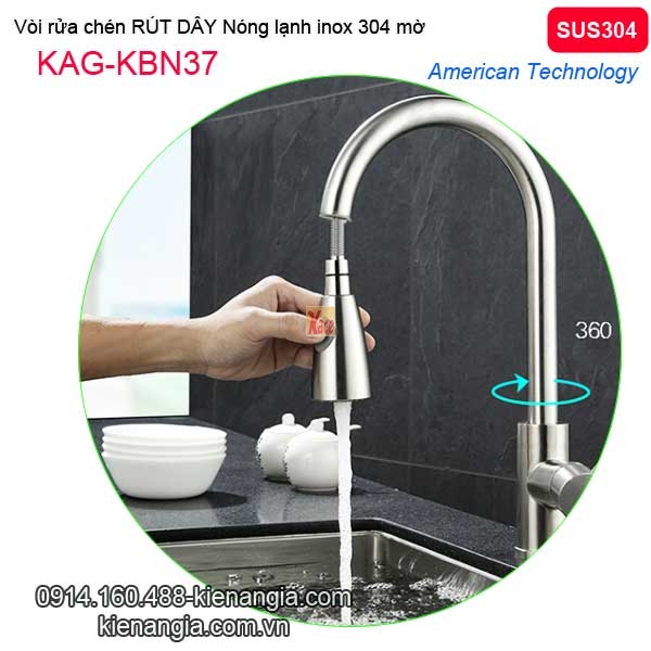 Vòi rửa chén nóng lạnh Rút dây inox sus304 KAG-KBN37