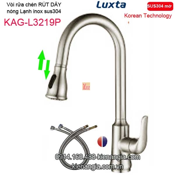 Vòi rửa chén RÚT DÂY nóng lạnh inox sus304 Korea Luxta KAG-L3219P