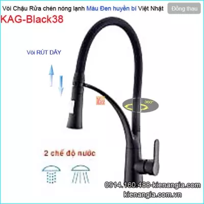 Vòi bếp rút dây nóng lạnh đồng đúc màu đen KAG-Black38