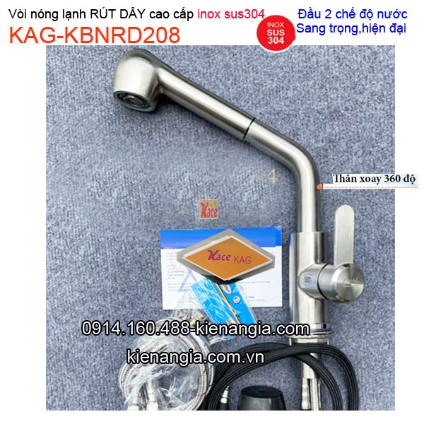 Vòi bếp RÚT DÂY inox sus304 nóng lạnh KAG-KBNRD208