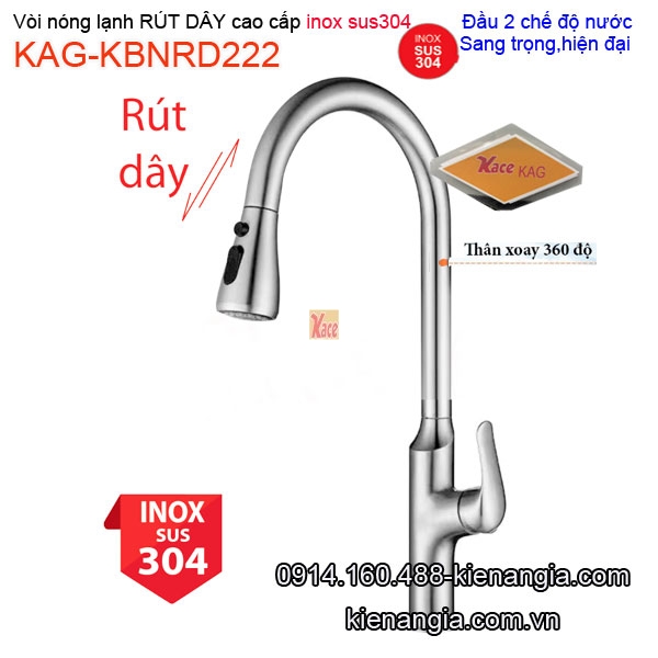 Vòi bếp RÚT DÂY inox sus304 nóng lạnh KAG-KBNRD222