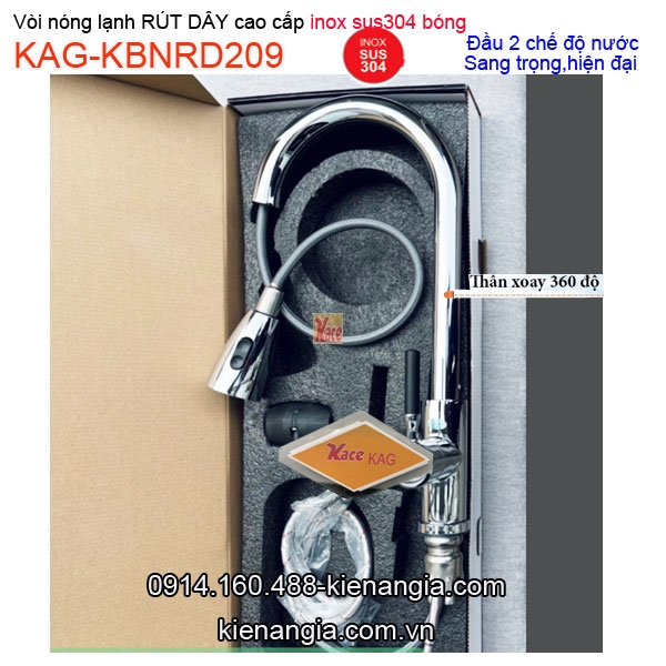 Vòi bếp RÚT DÂY inox sus304 nóng lạnh KAG-KBNRD209