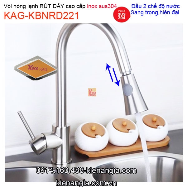 Vòi bếp RÚT DÂY inox sus304 nóng lạnh KAG-KBNRD221
