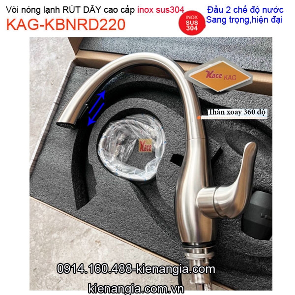 Vòi bếp RÚT DÂY inox sus304 nóng lạnh KAG-KBNRD220