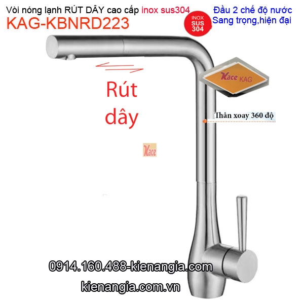 Vòi bếp RÚT DÂY inox sus304 nóng lạnh KAG-KBNRD223