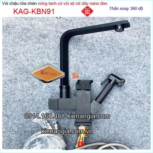 Vòi rửa bát nano đen nóng lạnh có vòi xịt RÚT DÂY  KAG-KBN91