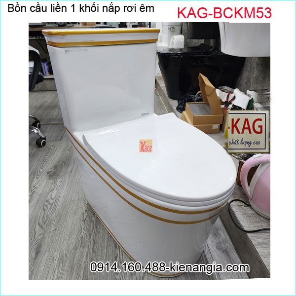 Bồn cầu 1 khối sang trọng màu trắng viền vàng KAG-BCKM53