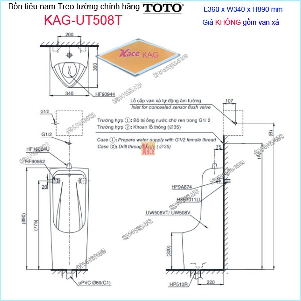 KAG-UT508T-Bon-tieu-nam-treo-tuong-TOTO-chinh-hang-360x340x890-mm-KAG-UT508T-kich-thuoc-lap-dat