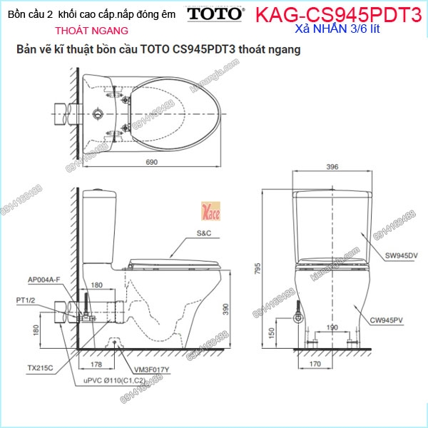 KAG-CS945PDT3-Bon-cau-2-khoi-THOAT-NGANG-TOTO-KAG-CS945PDT3-kich-thuoc-lap-dat