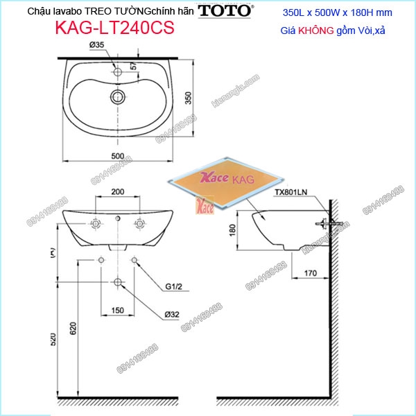 KAG-LT240CS-Chau-lababo-TREO-TUONG-chinh-hang-TOTO-350X500mm-KAG-LT240CS-KICH-THUOC-LAP-DAT