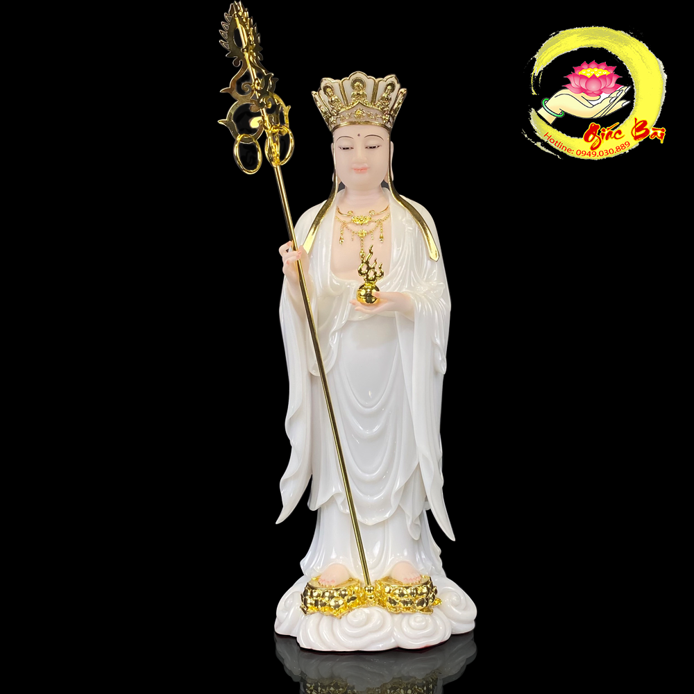 Tượng Địa Tạng Vương Song Liên, bột đá trắng, cao 48cm, 65cm